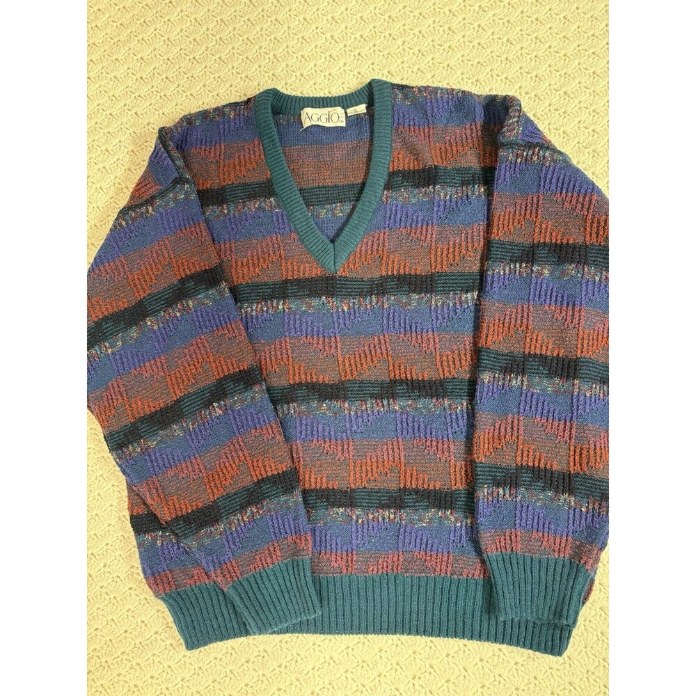 Vtg Aggio Men’s Sweater Wool Blend Crewneck Pullover Geometric Grandpa Size XL